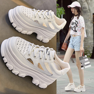 Thick-Soled Cut Out Sandals for Women 2025 Summer New Heightening 9cm Casual Genuine Leather Preppy Style White Shoes Versatile Flats