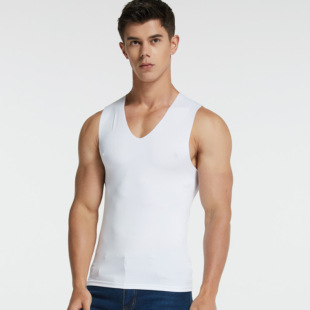 Summer Men's Ice Silk Vest Seamless Tight Wide Shoulder V Neck Sports Casual Sleeveless White Bottoming Quick-Drying
