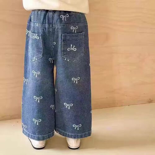 Women's Autumn New Straight Leg Jeans 2025 Korean Star Style Girls Full Print Bowknot Loose Casual Pants