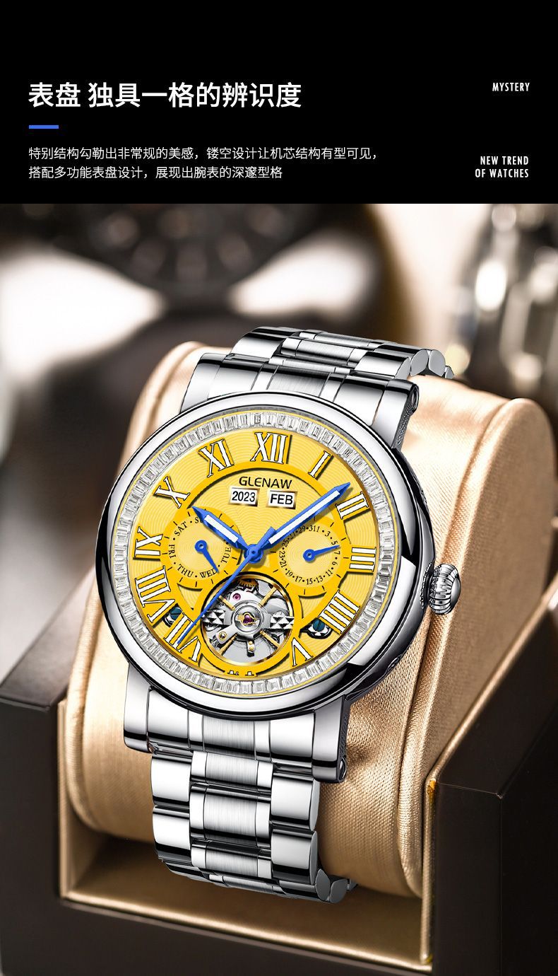 Đồng hồ nam cơ tự động Tourbillon lộ máy chống nước đa chức năng 8677 — 8677-Mặt đen vỏ bạc đai thép bạc, 8677-Vàng mặt bạc vỏ bạc đai thép chi tiết 4