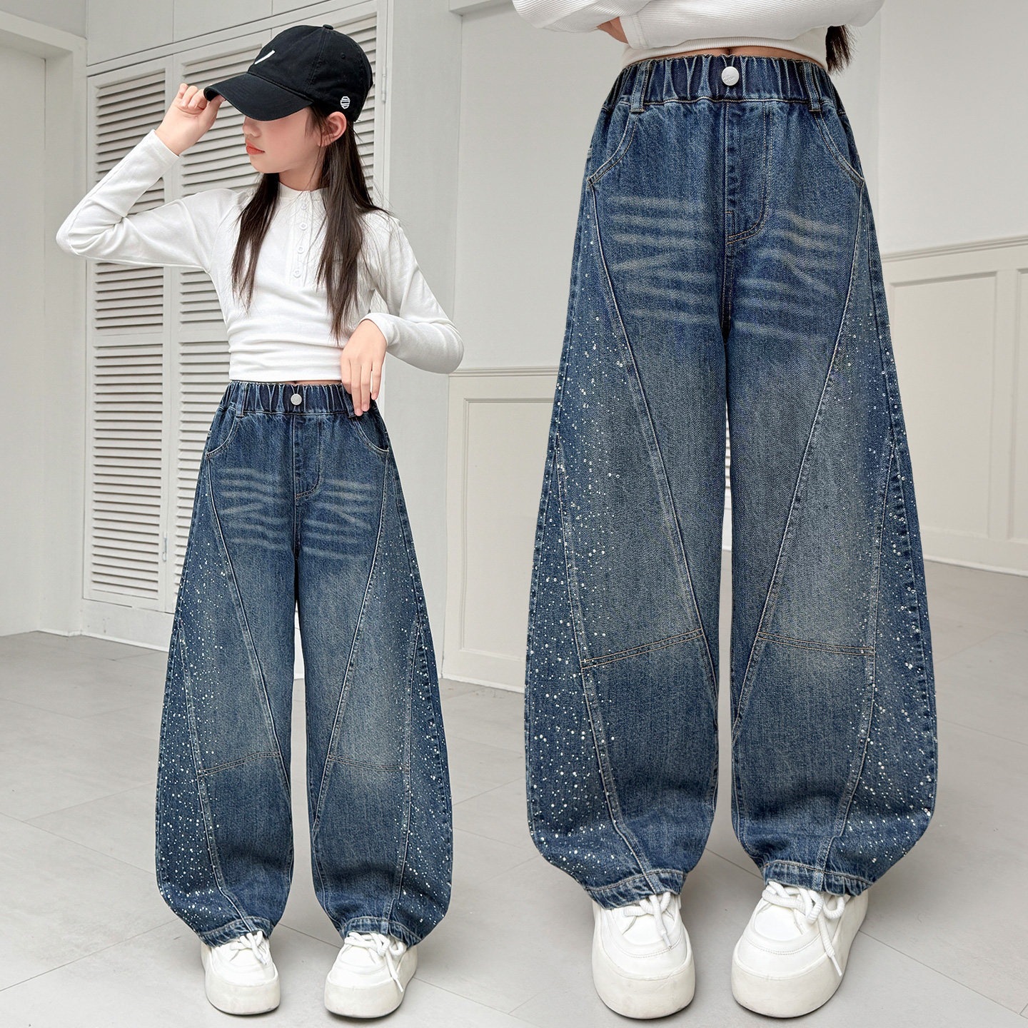 Girls' jeans 2026 spring and autumn new style children's spring wear, loose and fashionable, with rhinestones, trendy wide-leg curved pants