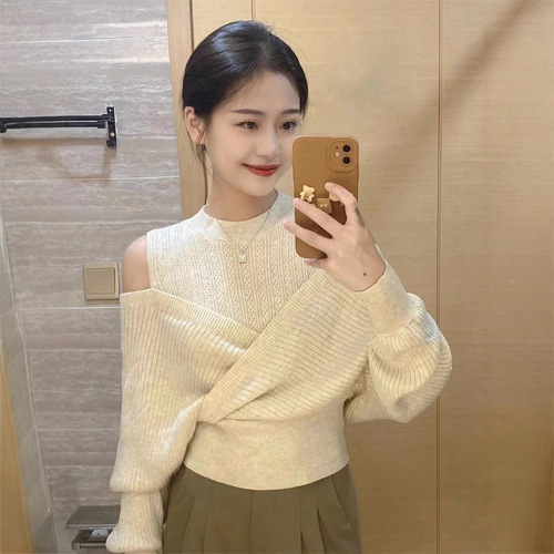 Sweet and Spicy Off-the-Shoulder Knit Sweater for Women - Autumn/Winter Outerwear, Intersecting Irregular Long-Sleeve Cardigan with Stunning Design, Perfect Base Top