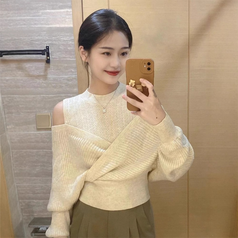 Sweet and Spicy Shoulder Sweater Women's Autumn and Winter Outer Wear Cross Irregular Long Sleeve Sweater Beautiful Design Feeling Base Top Sweet and Spicy Shoulder Sweater Women's Autumn and Winter Outer Wear Cross Irregular Long Sleeve Sweater Beautiful Design Feeling Base Top
