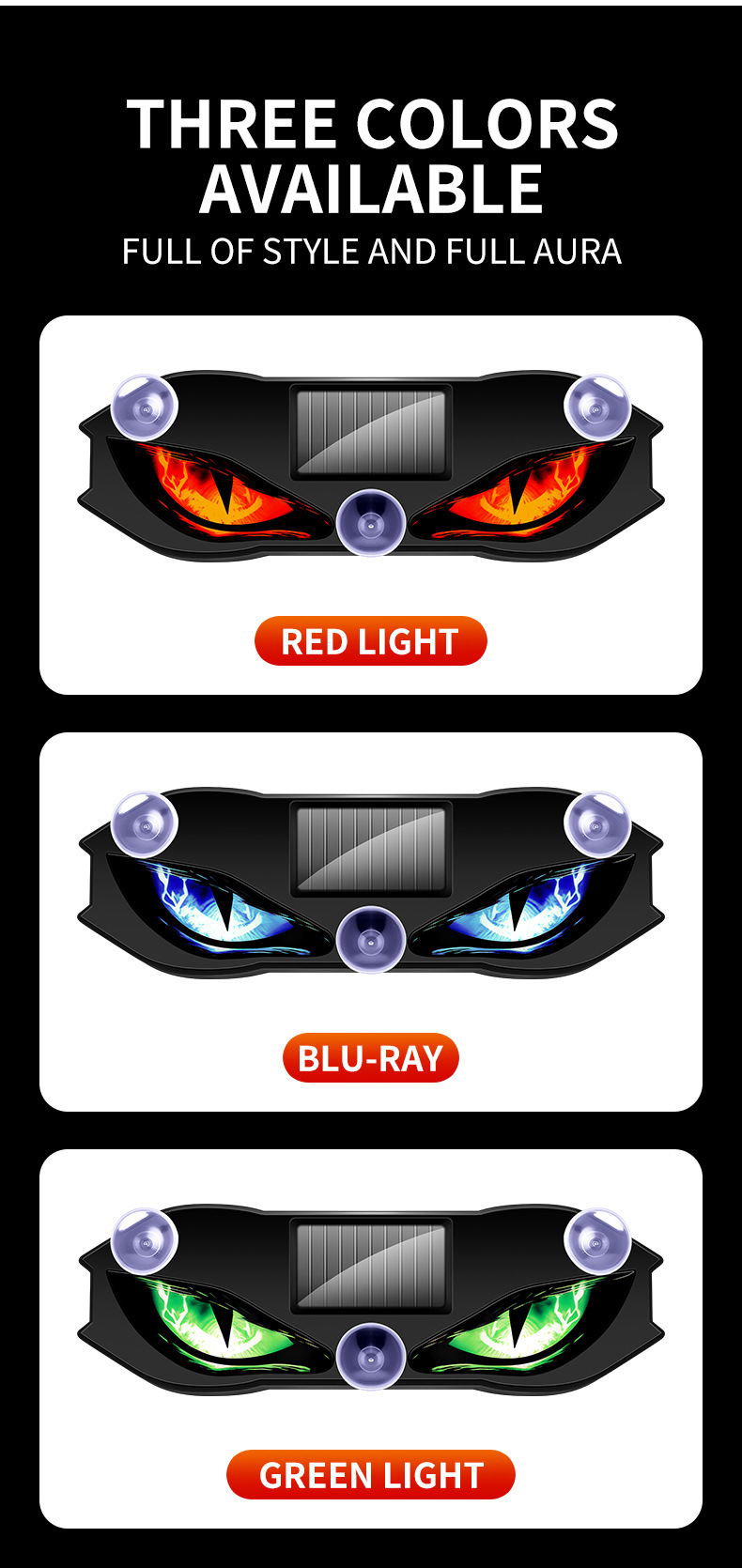 Solar-Powered Car Devil's Eye LED Ambient Light, Wireless Suction Cup Dynamic Expression Light, Red, Blue, Green Tri-Color Available