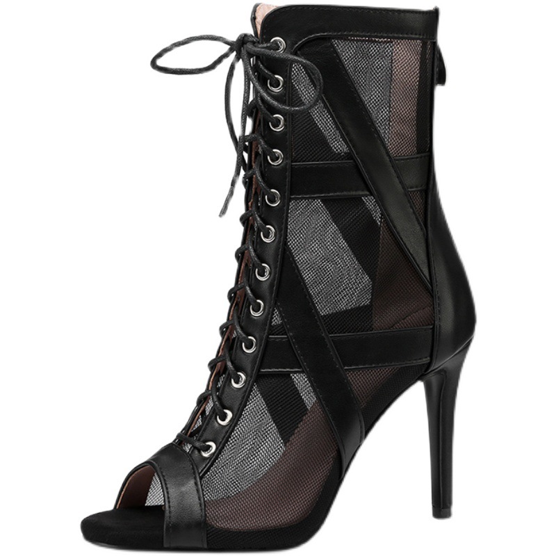 大码女鞋拉丁鞋短靴大码系带爵士舞跳舞高跟凉鞋细跟网纱凉靴外贸