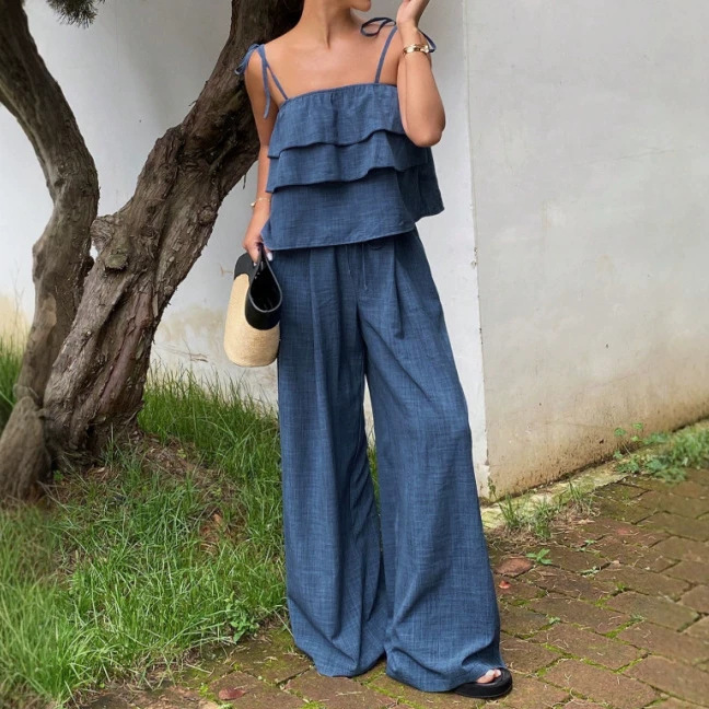 European and American Cross-Border Amazon New Summer Style Loose Suspender Top High-Waisted Wide-Leg Pants Casual Two-Piece Suit for Women