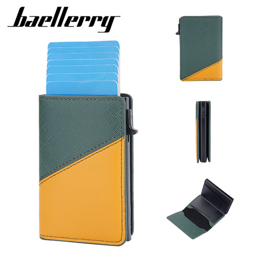 baellerry men's leather contrast color side push antimagnetic anti-theft card holder rfid short automatic ejection card holder