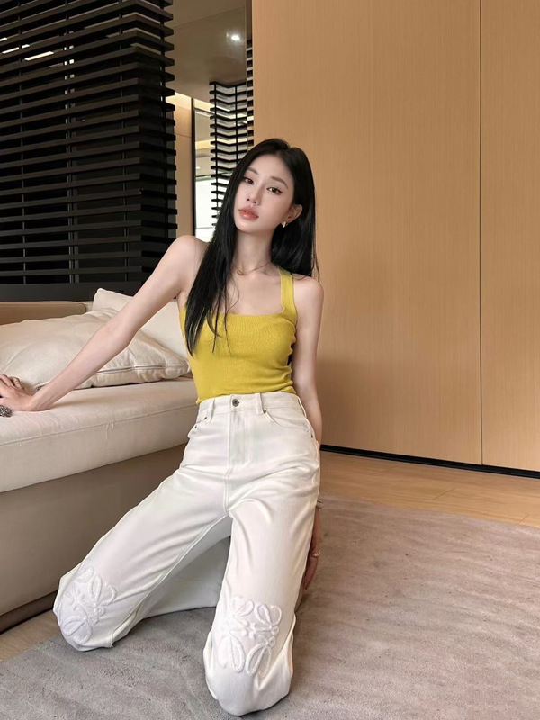 经典LO*WE图案贴布绣白色牛仔裤女显瘦气质时尚休闲百搭高腰阔腿|undefined