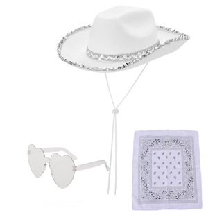In-Stock White Silver-Trimmed Cowboy Hat Scarf Glasses Set White Silver-Trimmed Cowboy Hat Western Cowboy Hat