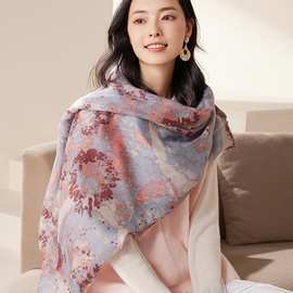 羊绒围巾女100%纯山羊绒秋冬新款梭织精纺印花流苏披肩百搭复古