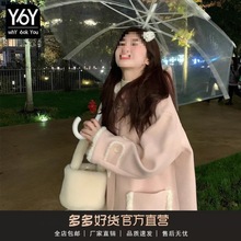 粉色牛角扣毛呢子外套女秋冬季新款中长款慵懒风连帽加厚大衣