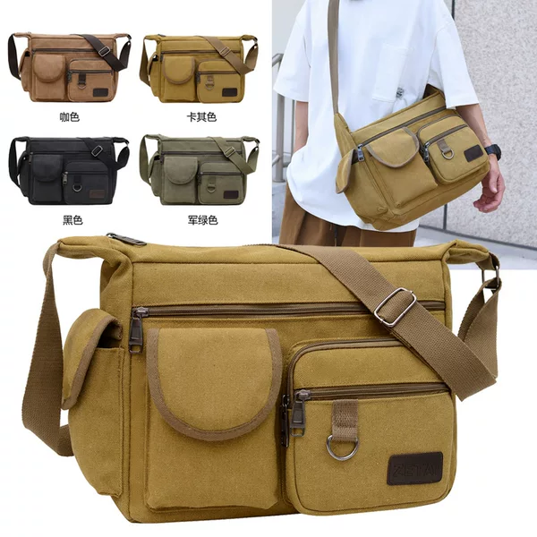 Crossbody Bag Men's High-End Backpack Double Pocket Canvas Bag Cross-Border Travel Bag Men's Shoulder Bag Crossbody Bag Men's Bag