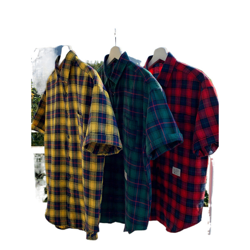 Camisas de manga corta a cuadros para hombres de verano nuevo estilo suelto marca de moda camisa de media manga americana chaqueta casual retro