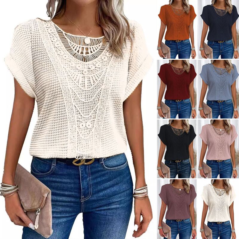 2026 Amazon European and American Spring/Summer New Lace Patchwork Short Sleeve T-Shirt in Stock Cross-Border Women's Clothing 2026 Amazon European and American Spring/Summer New Lace Patchwork Short Sleeve T-Shirt in Stock Cross-Border Women's Clothing