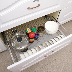 304 Stainless Steel Solid Damping Buffer Cabinet Pull-Out Drawer Bowl Rack Double-Layer Dish Kitchen Bowl Pull-Out Basket