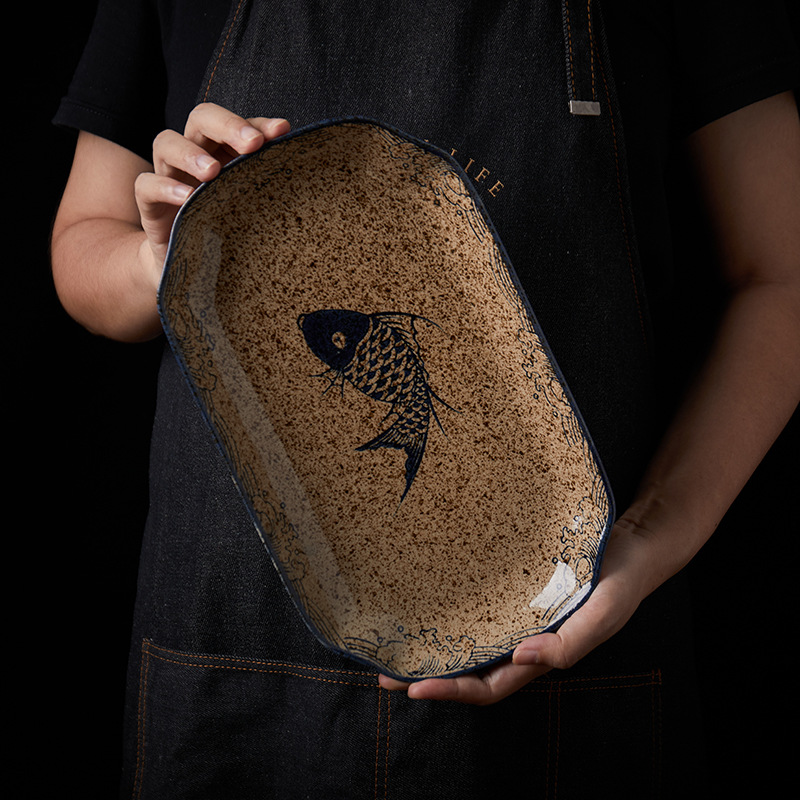 12-inch fish plate Japanese hotel tableware underglaze color ceramic home creative dish plate steamed fish plate sushi plate