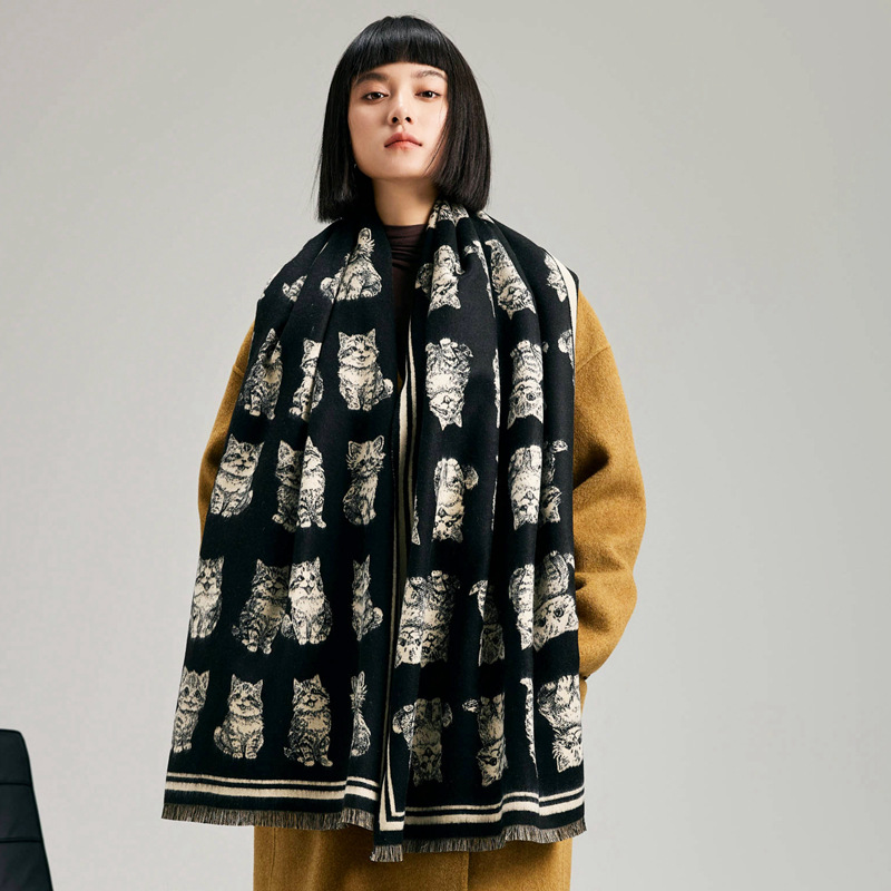 2024 nuevo japonés y coreanos encantadores gatitos impresión de doble cara bufandas de cachemira corta invierno gruesa bufandas cálidas para mujeres