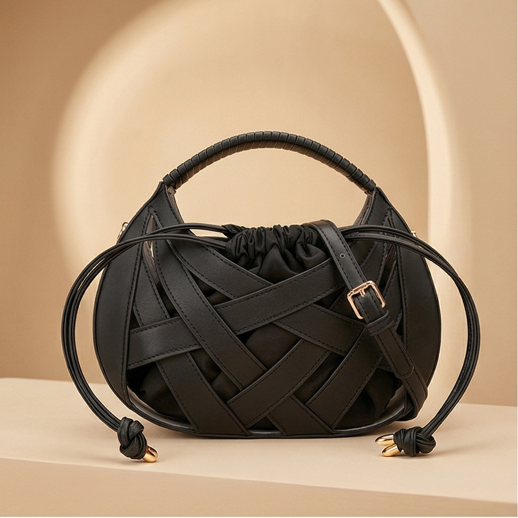 2026 Cross-Border Hot Sale Hollow Woven Underarm Bag Women's Light Luxury Niche Design Handbag Drawstring Half-Moon Bag