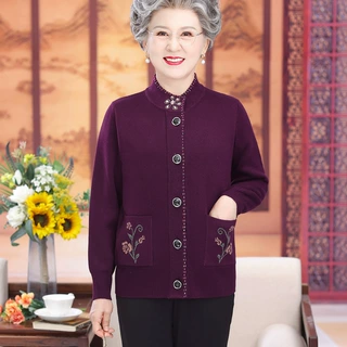 宽松大码减龄奶奶装秋冬装羊毛衫外套上衣提花单排扣老人外套女装