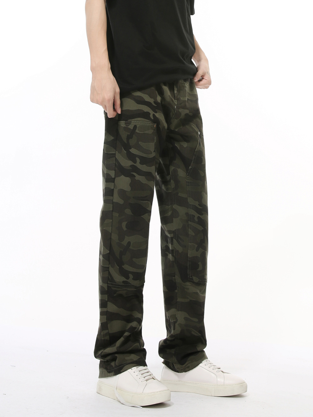 MTLCLOTHES Hombres| Nuevos productos de otoño de estilo americano camuflado empalme pegatinas vibe de alta calle jeans retro