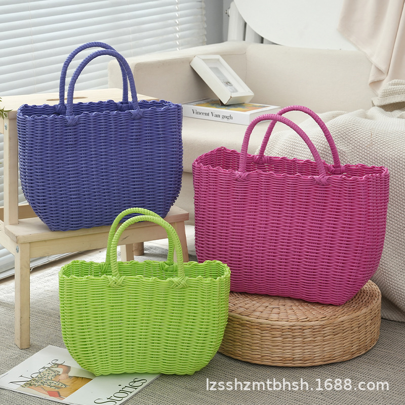 Vintage Plastic Handmade Woven Basket Colorful Handheld Basket Bag Versatile Fashion Handbag Shopping