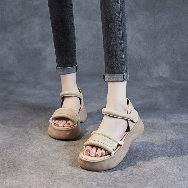 Leather sandals, genuine beach footwear platform, high slide, slippers, cowhide
