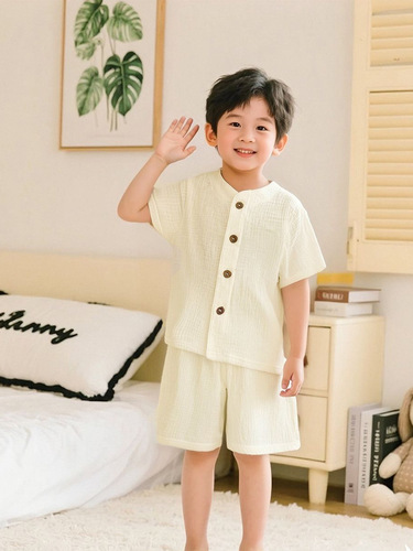 Children's Summer Double-layer Cotton Fabric Pajama Set for Boys and Girls, Small Babies 0-5 Years Old, Short-sleeve Home 2-piece Set
