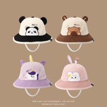 2025秋冬新款2-5岁宝宝盆帽卡通小动物条纹绒保暖帽儿童渔夫帽