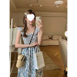 现货，四面弹印花新款高腰韩系少女小清新碎花连衣裙小飞袖中长裙