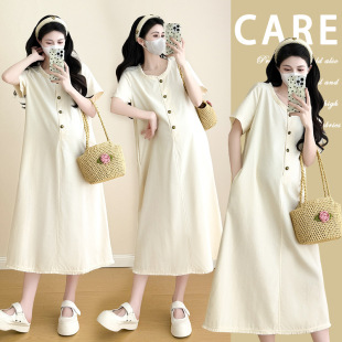 Maternity 2025 Summer New Wash Cotton Linen Korean Loose Casual Simple plus size Pregnant Women dress
