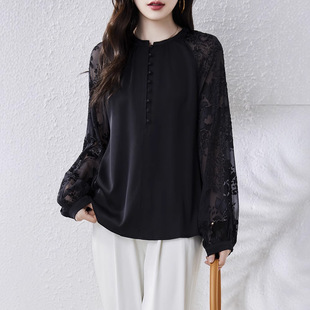 Real Shot In-Stock Black Lace Base Shirt for Women, New Spring Style, European-Style Blouse, Trendy Top