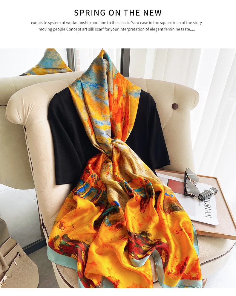 Spring and Summer Women's Satin Face Thin Sun Protection Imitation Silk Oil Painting Printing Fashion Pattern Decoration_voghion.com