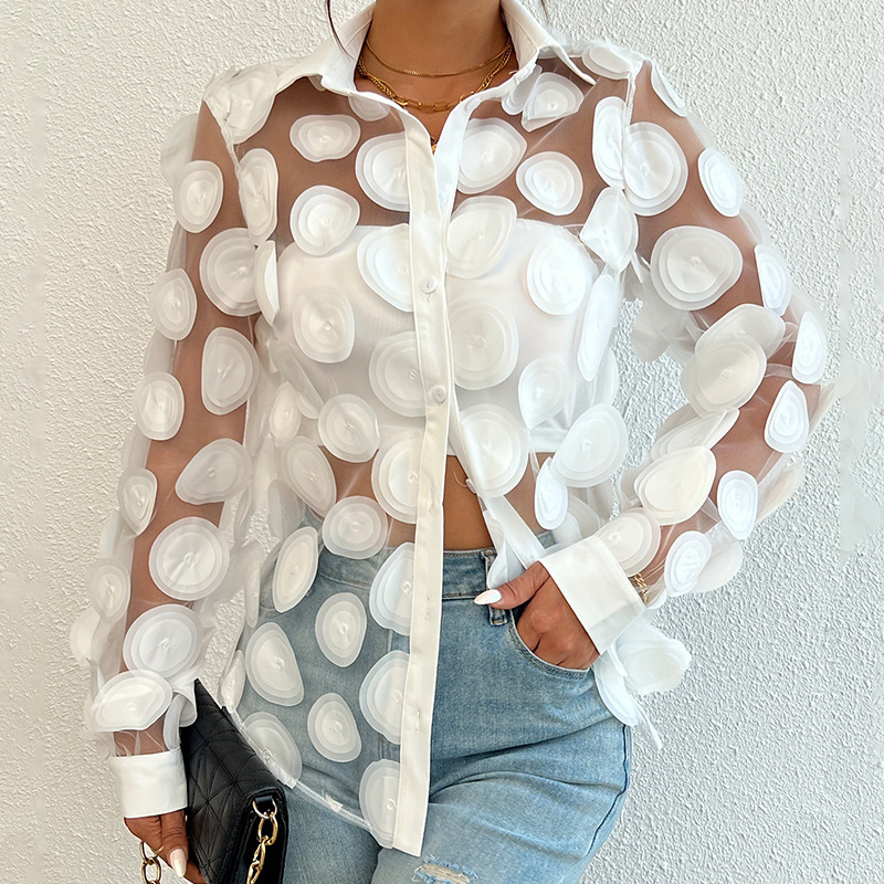 Camicia da donna a maniche lunghe con motivo traforato in rete, elegante, con collo alto, decorazione floreale tridimensionale e bordo incrociato_voghion.com