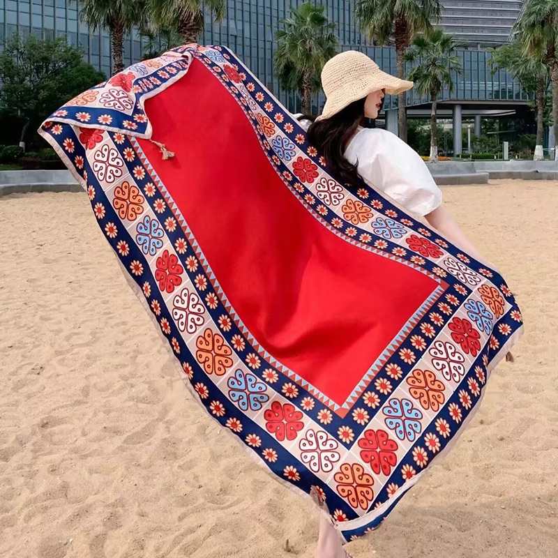 Sopa de satén de twill para mujeres 2025 bufandas de viento nacional de verano tibetanas bufandas de seda protector solar lago Qinghai turismo foto toalla de playa