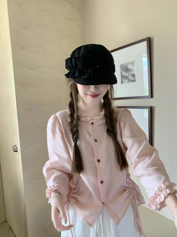 温柔挂的一件浅虾粉可抽绳木耳边设计衬衫女春夏秋亚麻小众上衣|undefined