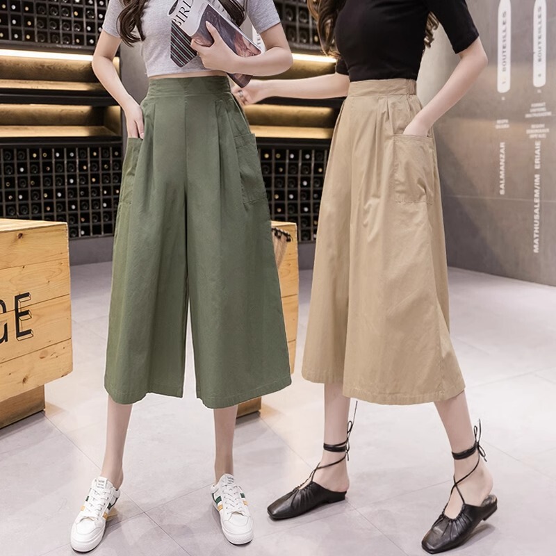 Japanese Style Workwear Culottes Women's Summer and Autumn Thin Stylishly Stylishly Stylishly Wash Pure Cotton Cropped Wide-Leg Casual Pants