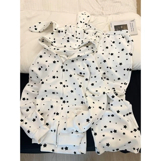 可爱兔耳朵连帽卫衣套装女春秋款韩版星星印花开衫睡衣家居服秋冬