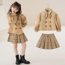 女童高端套裝2023新款韓版女孩洋氣秋大童學院風雙排扣外套裙子