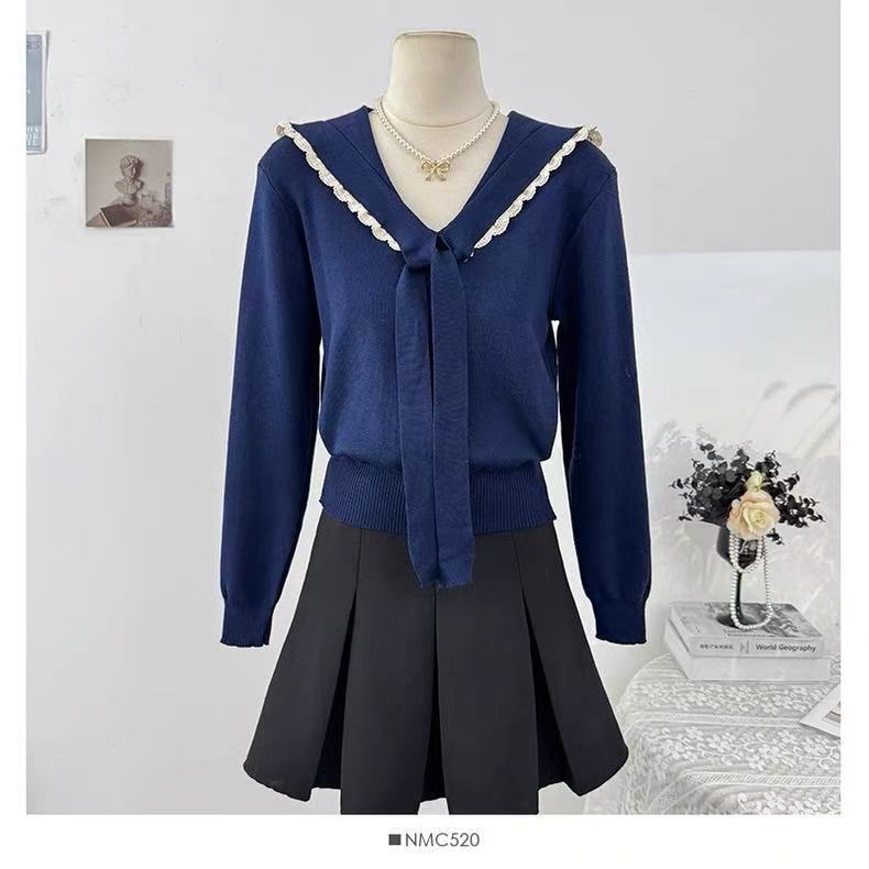 Lace Navy Collar Strap Knitwear for Women Korean Girls Autumn and Winter Slim Long-Sleeved Niche Splicing Tops for Women Trendy
