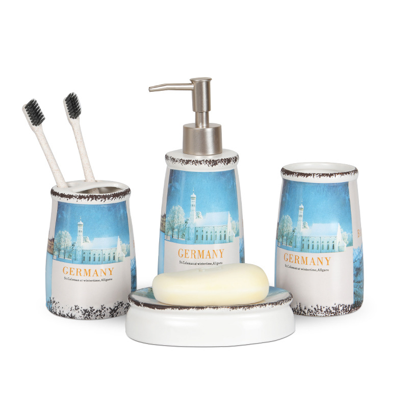 Traje de baño de cerámica impreso de estilo europeo creativo artículos de tocador para el hogar caja de regalo traje de lavado en caja de color conjunto de cuatro piezas