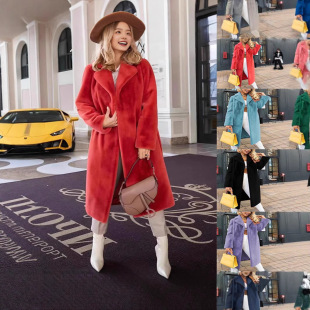 2025 Autumn and Winter Cross-Border Export European and American Women's Casual Pure Color Elegant Lace-Up Lapel Plush Long Outwear for Women