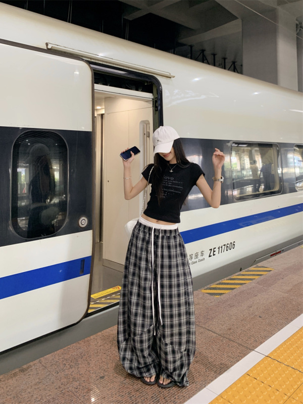 美式潮牌拼接假两件双腰头格子裤男女复古慵懒风宽松阔腿休闲裤子|undefined