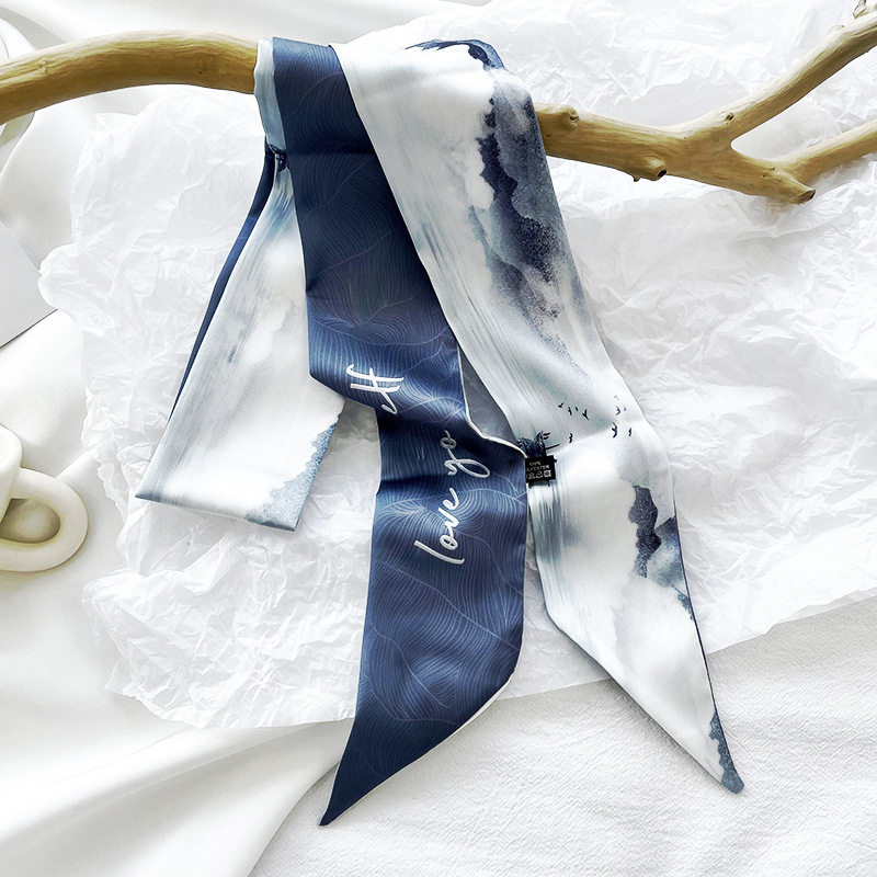 Nuevo estilo chino pintura al óleo pequeña bufanda de seda para las mujeres primavera y verano bolsa de lazo corbata decoración del pelo larga bufanda pequeña cinta de la banda del pelo
