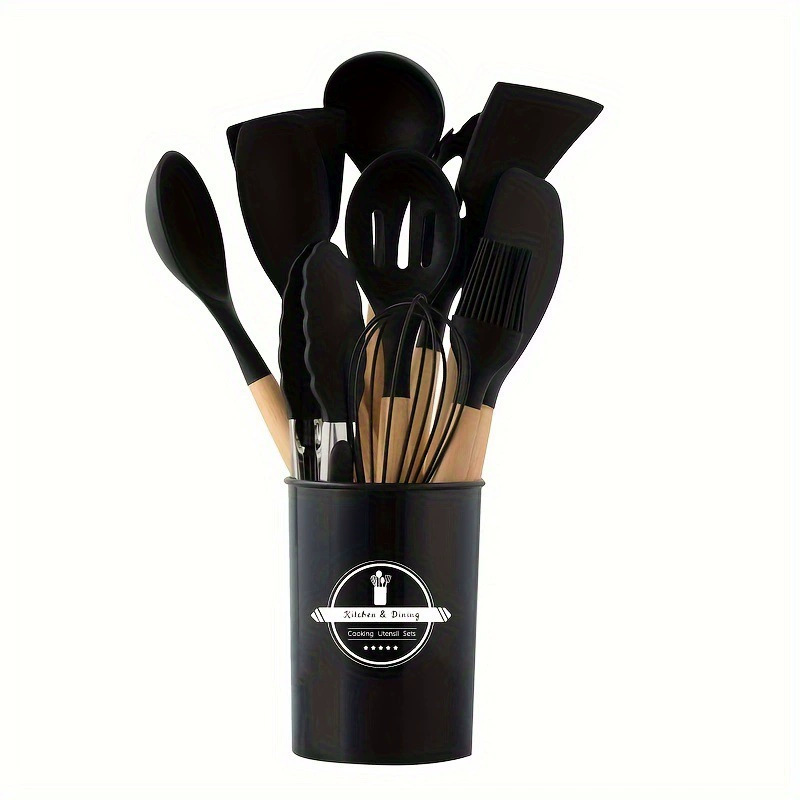Utensilios de cocina de silicona, mango de madera, juego de 12 piezas, pala de cocina, sartén antiadherente, juego de utensilios de cocina para cocinar y hornear image 5