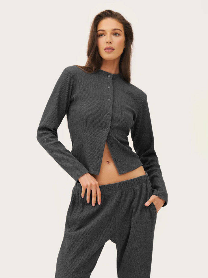 Bộ đồ dệt kim nữ sọc gân dài tay gồm áo cardigan cổ bán cao cài nút và quần dài — Màu nâu, Màu trắng ngà, Màu xám đậm chi tiết 21