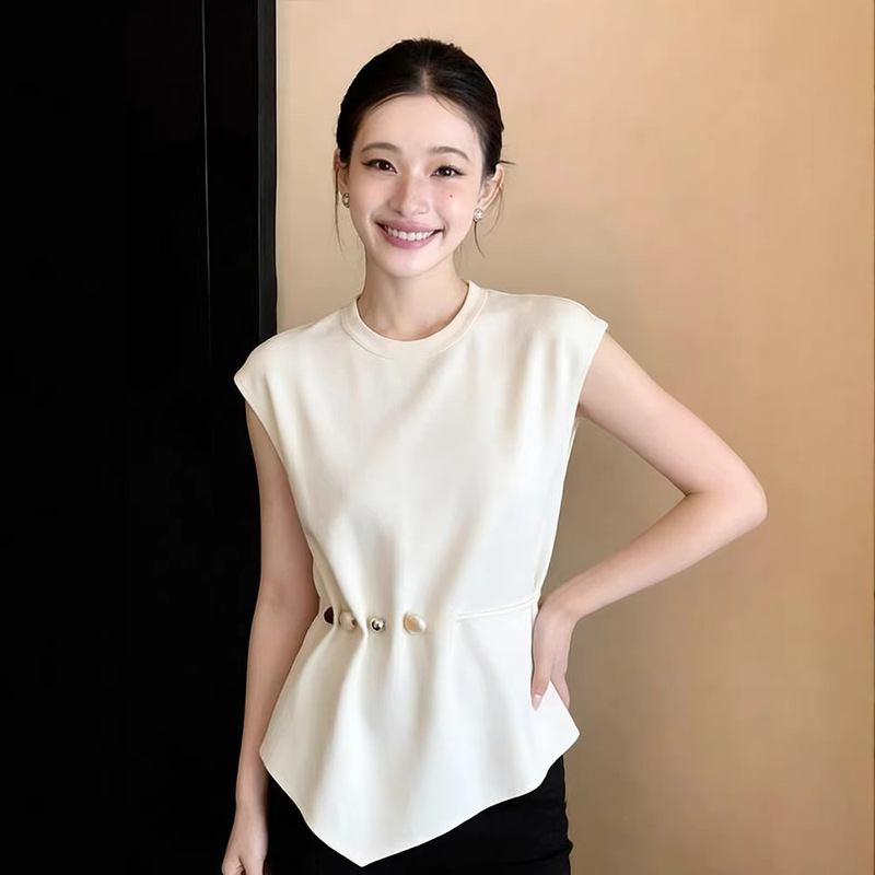 French-Style White Irregular Short-Sleeve T-Shirt for Women, Summer 2026 New Slim-Fit Waist-Cinching Top A11164