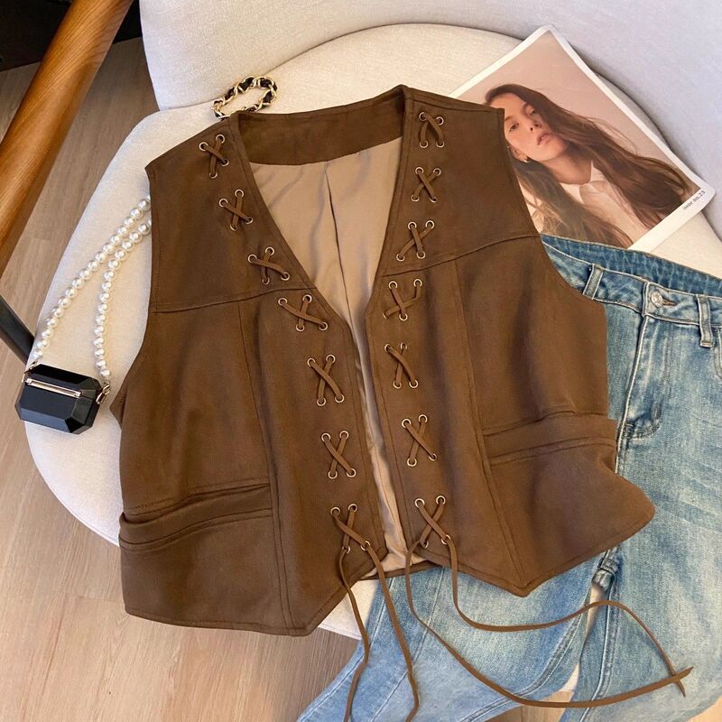Shanli Dadi Coffee-Colored Suede Vest with Straps for Women, Prairie Northwest Retro Ethnic Style Outerwear, Short Layered Style
