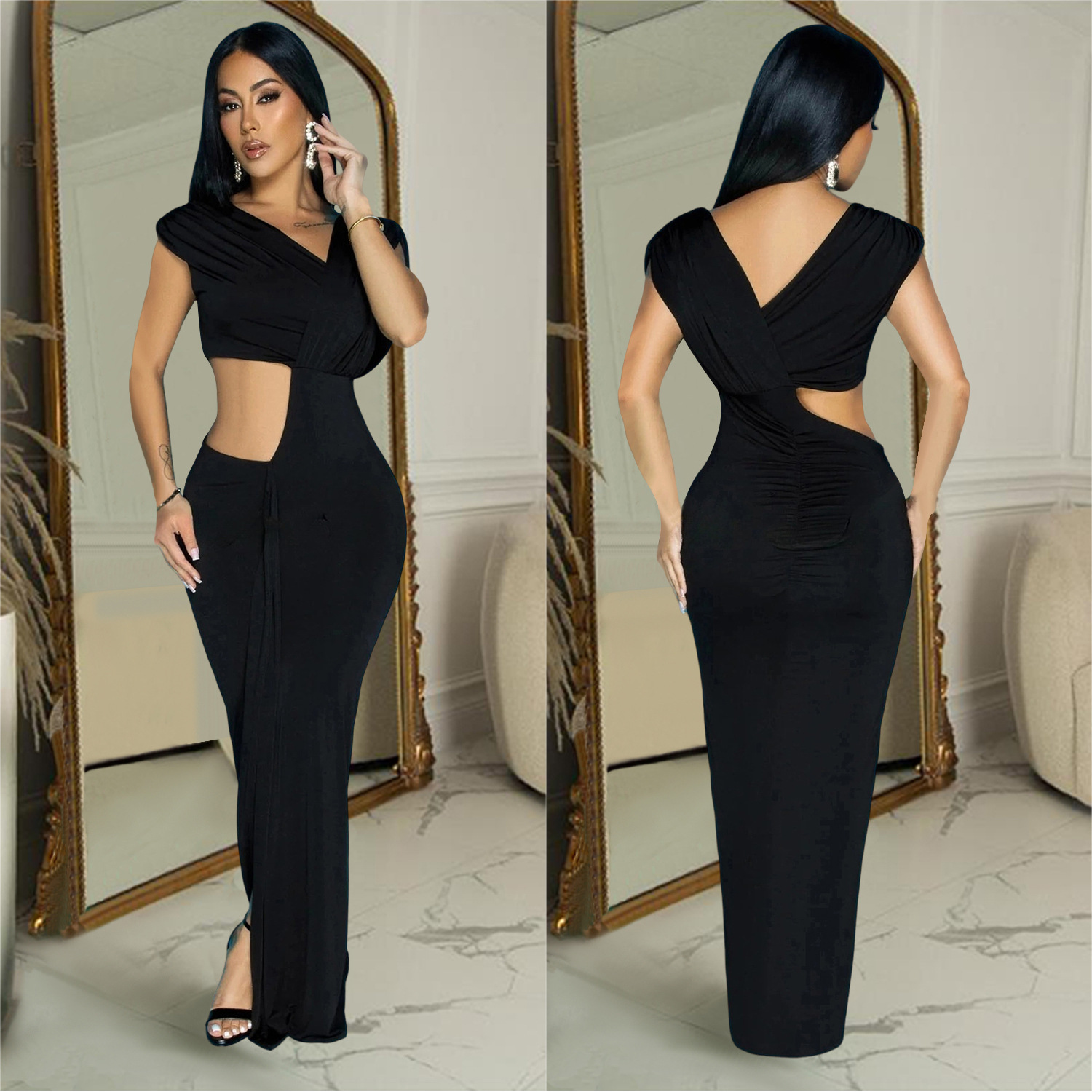 C7061 Aliexpress transfronterizo Amazon estación independiente de moda europea y americana ropa de mujer sin mangas de color sólido vestido en V profundo nuevo image 3