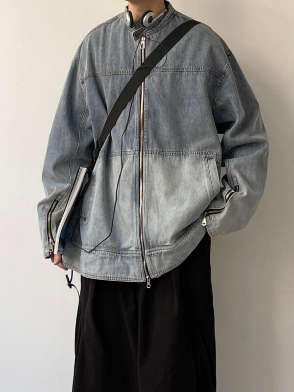 2024 Autumn light blue Denim Jacket Men's Japanese Style Retro Water Distressed Washed Denim Jacket Loose Collar Jacket Trendy