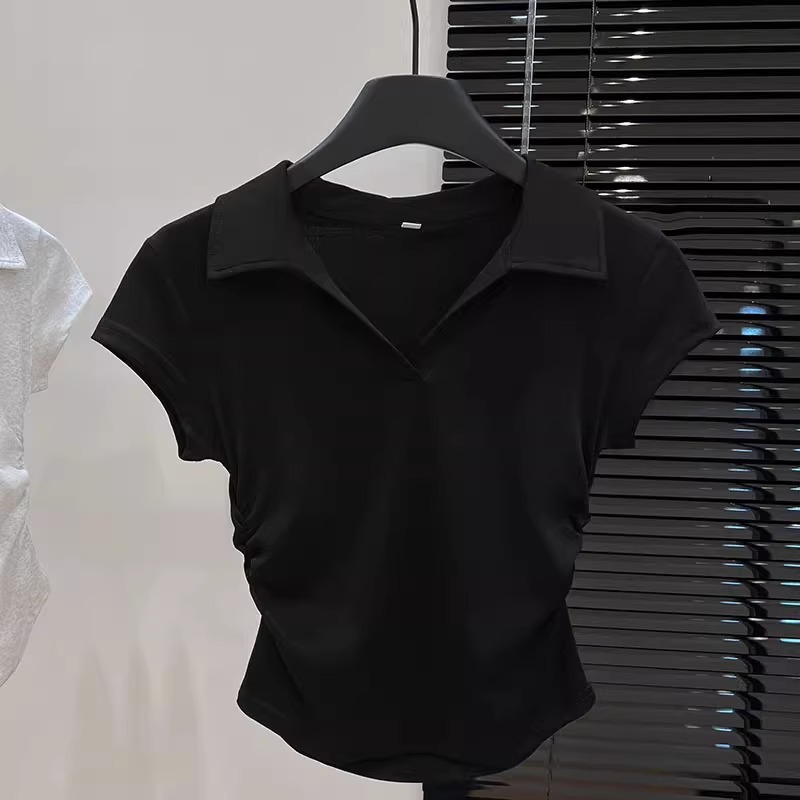 Women's Clothing Slim Fit Polo Collar Top Short Sleeve Ruched V Neck Grey T-Shirt Stylish Fitted Hot Girl Look Summer_voghion.com